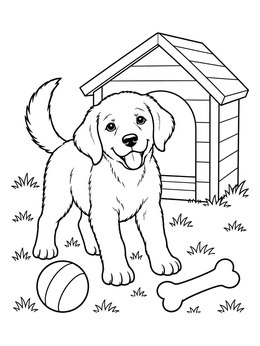 A happy puppy standing by a wooden doghouse on this dog coloring page.
