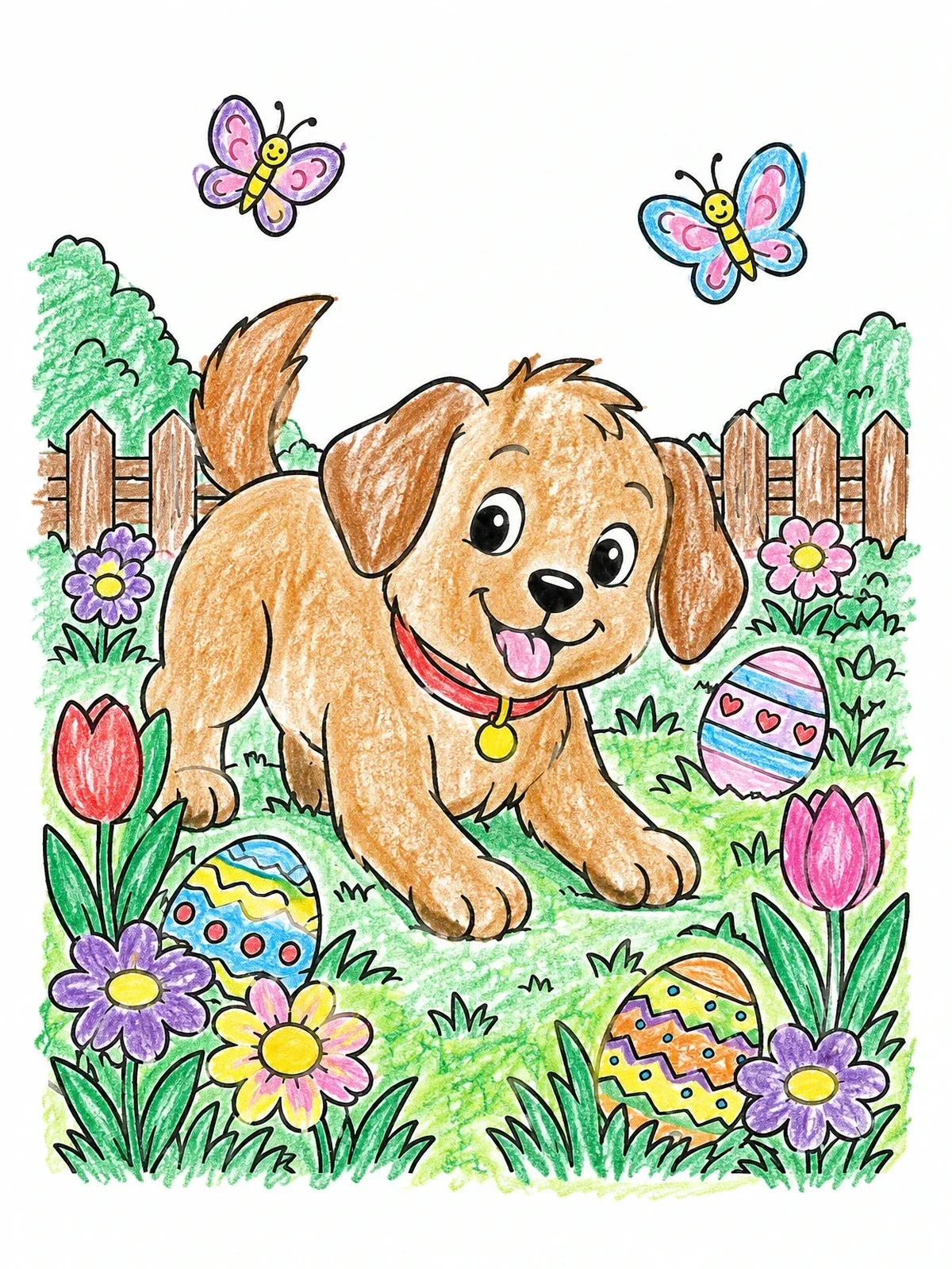 Colored example of the Playful Puppy With Easter Eggs coloring page