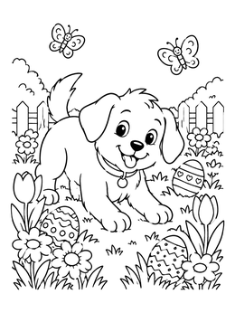 Free printable Playful Puppy With Easter Eggs coloring page
