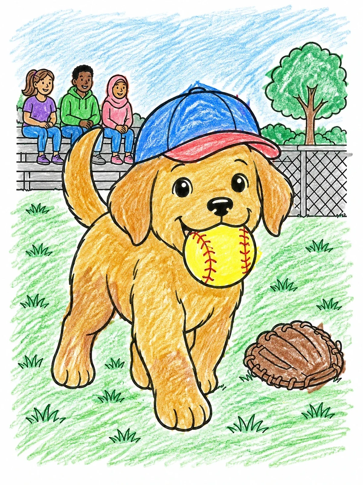 Colored example of the Playful Puppy With Softball coloring page
