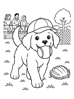 A cute puppy in a cap holding a ball on this softball coloring page.