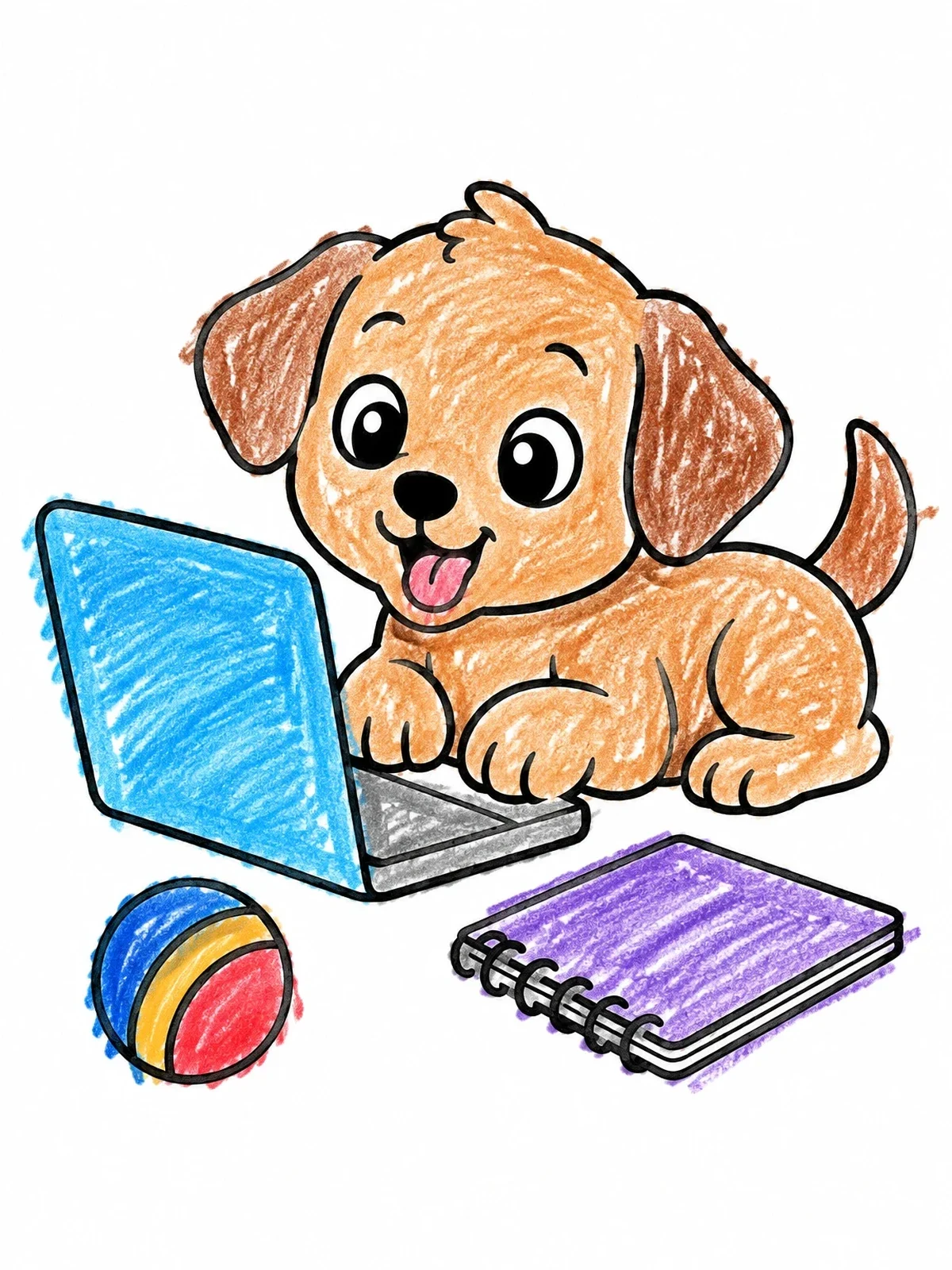 Colored example of the Playful Puppy With Laptop And Ball coloring page