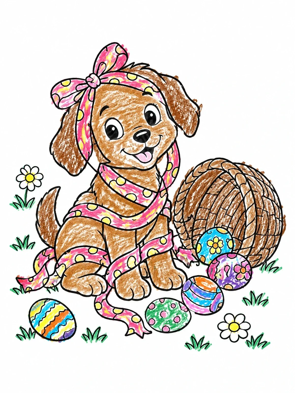 Colored example of the Playful Puppy With Overturned Easter Basket coloring page