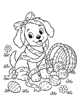 Free printable Playful Puppy With Overturned Easter Basket coloring page