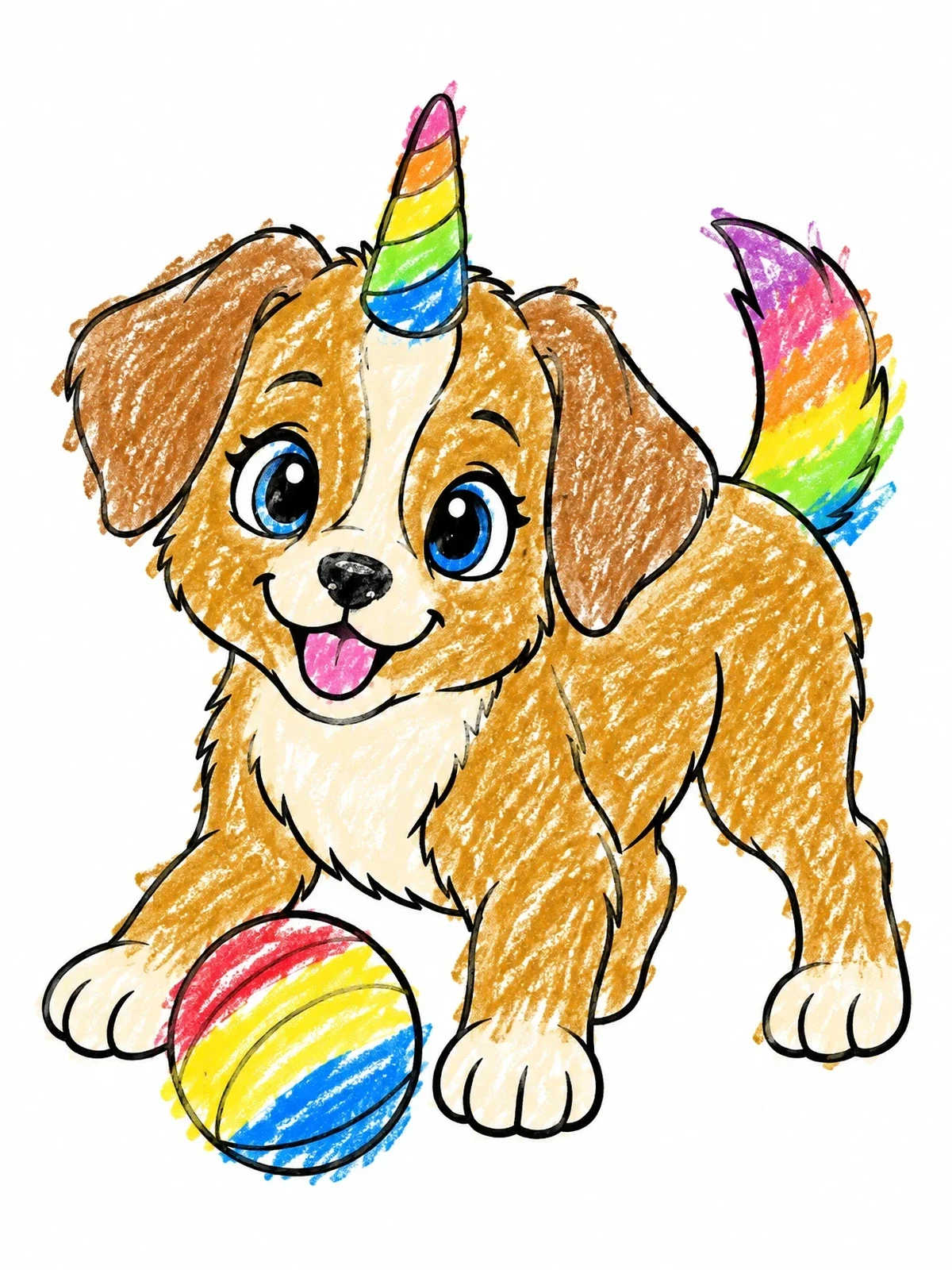 Colored example of the Playful Puppy Unicorn With Ball coloring page