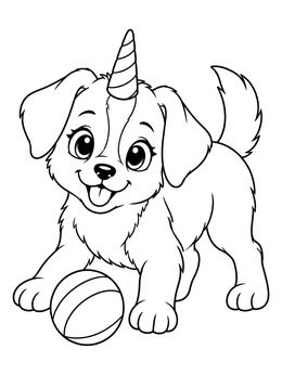 A cheerful puppy unicorn coloring page featuring a cute dog with a spiral horn playing with a ball.