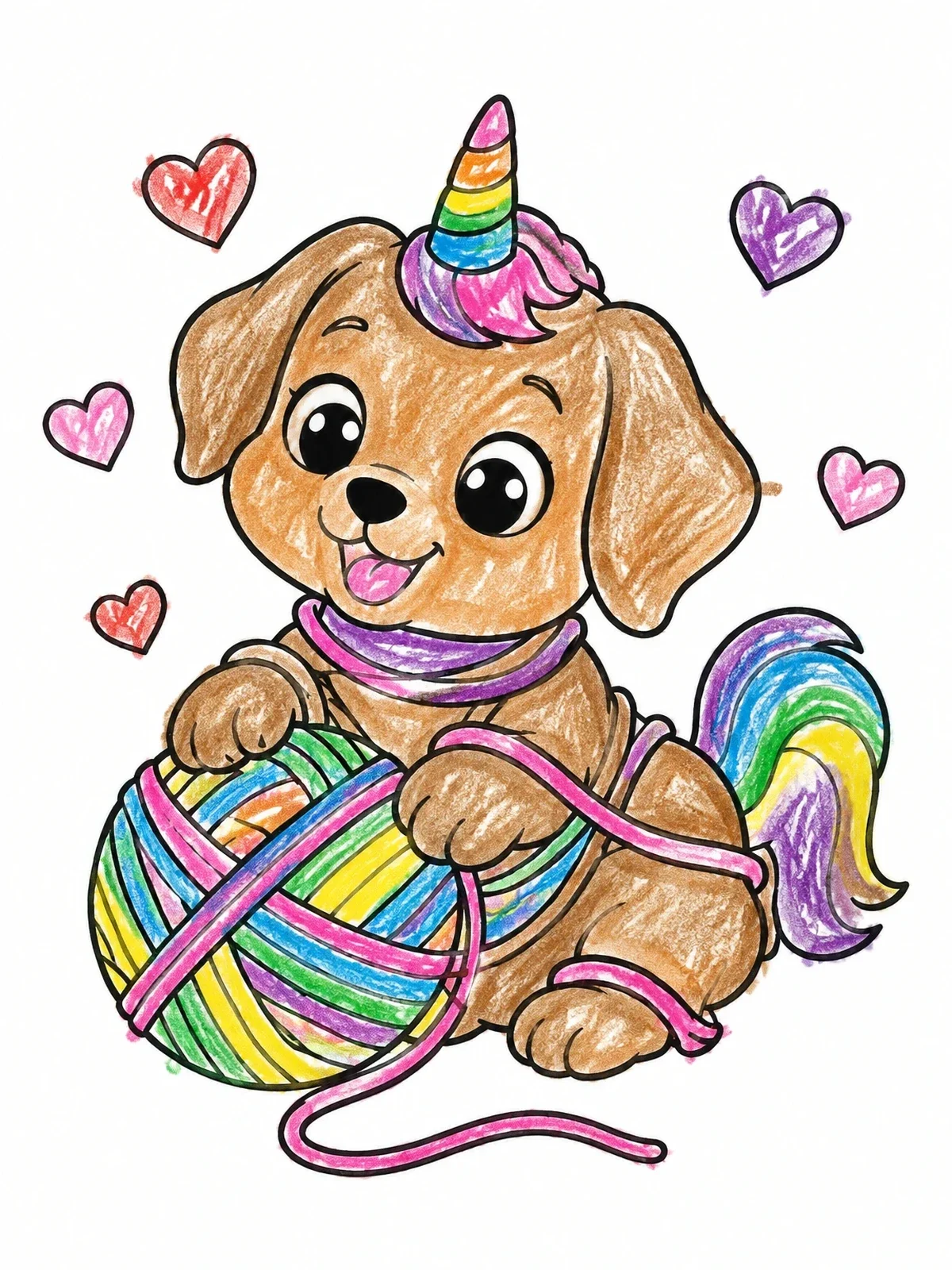 Colored example of the Playful Puppy Unicorn With Yarn Ball coloring page