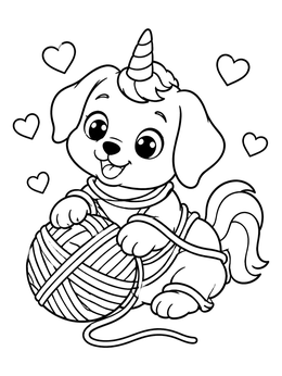 Free printable Playful Puppy Unicorn With Yarn Ball coloring page