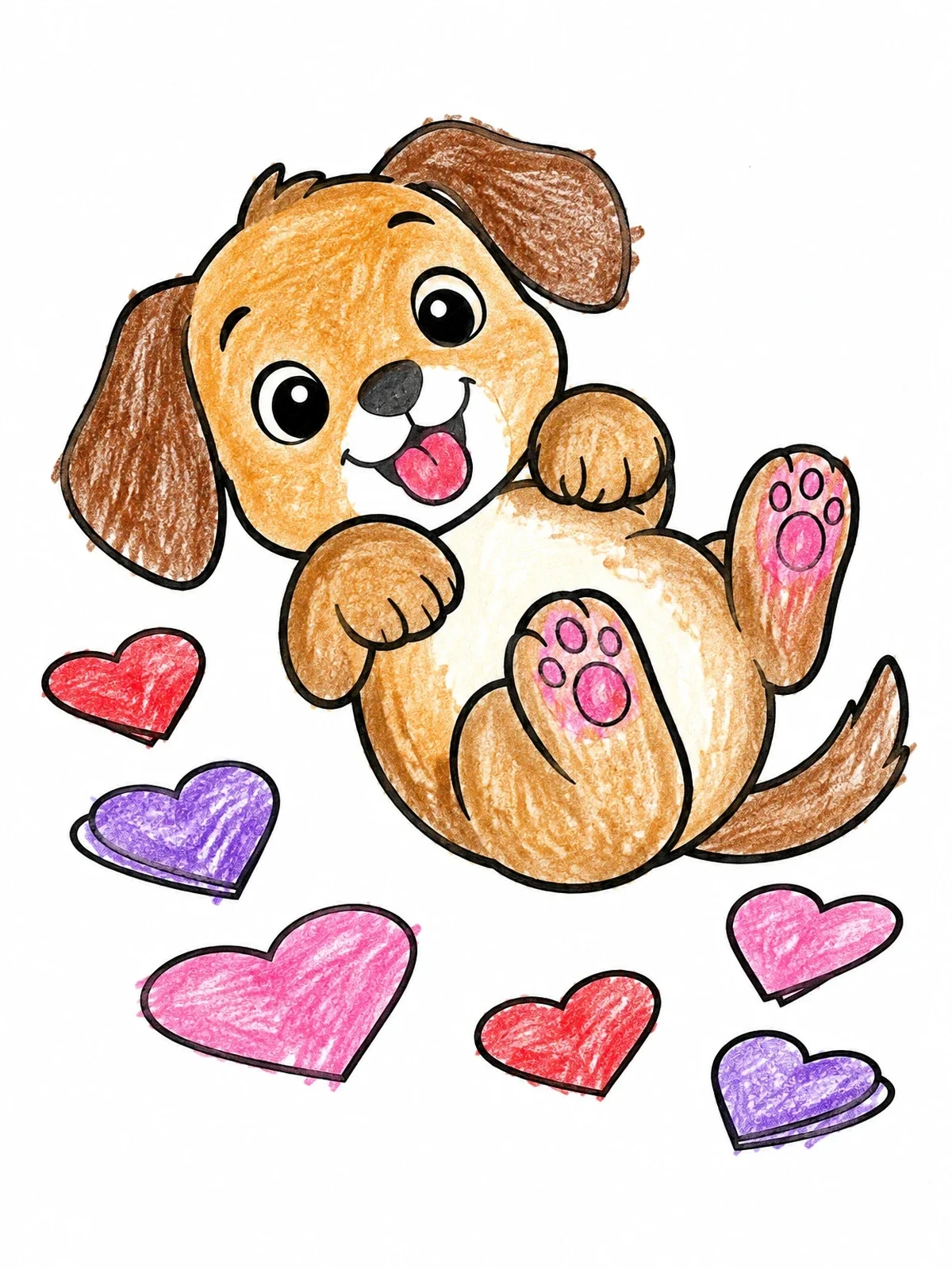 Colored example of the Playful Puppy With Valentine Hearts coloring page