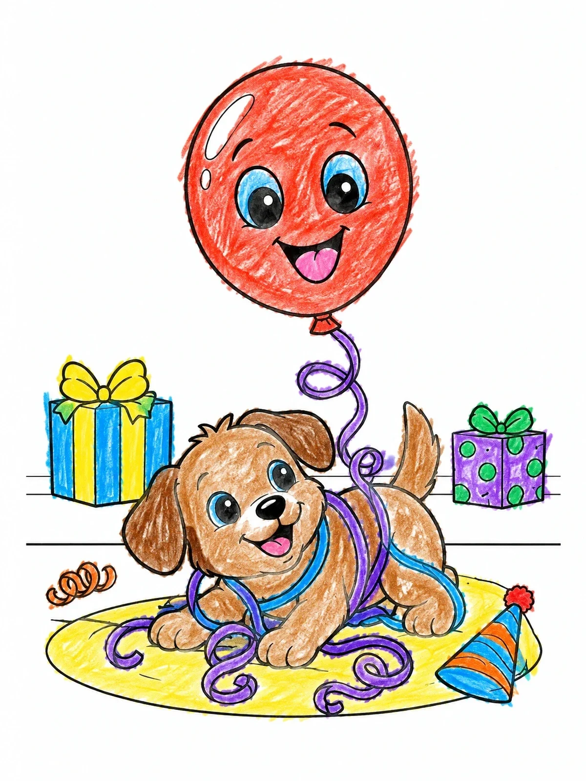 Colored example of the Playful Puppy With Birthday Balloon coloring page