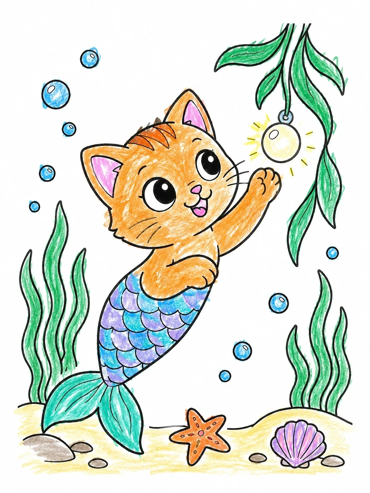 Colored example of the Playful Purrmaid Kitten With Pearl coloring page