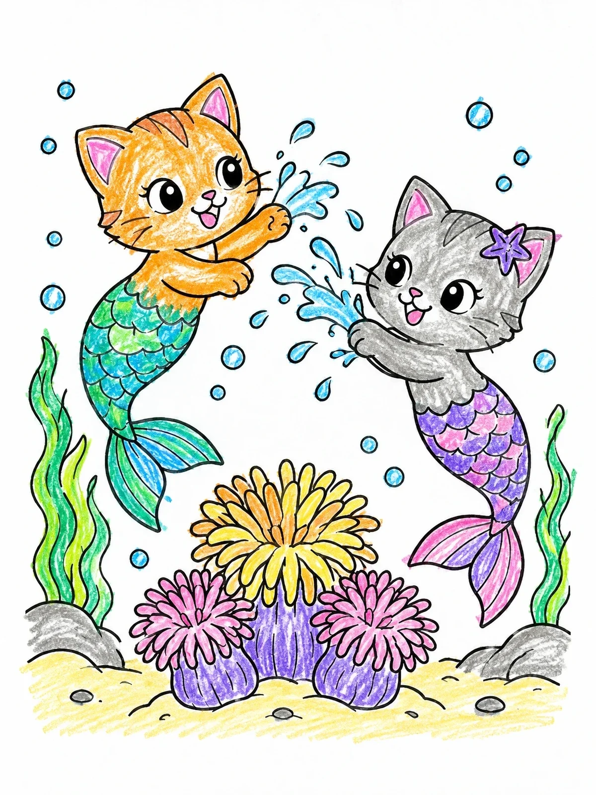 Colored example of the Playful Purrmaids Splashing By Anemones coloring page