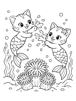 Free printable Playful Purrmaids Splashing By Anemones coloring page
