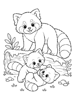 A cute red panda coloring page featuring cubs playing by a log.