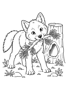 Free printable Playful Red Wolf Pup With Branch coloring page