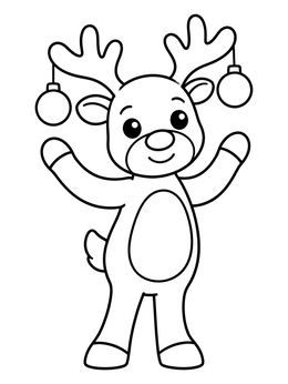 Happy cartoon reindeer coloring page with ornaments hanging on antlers.