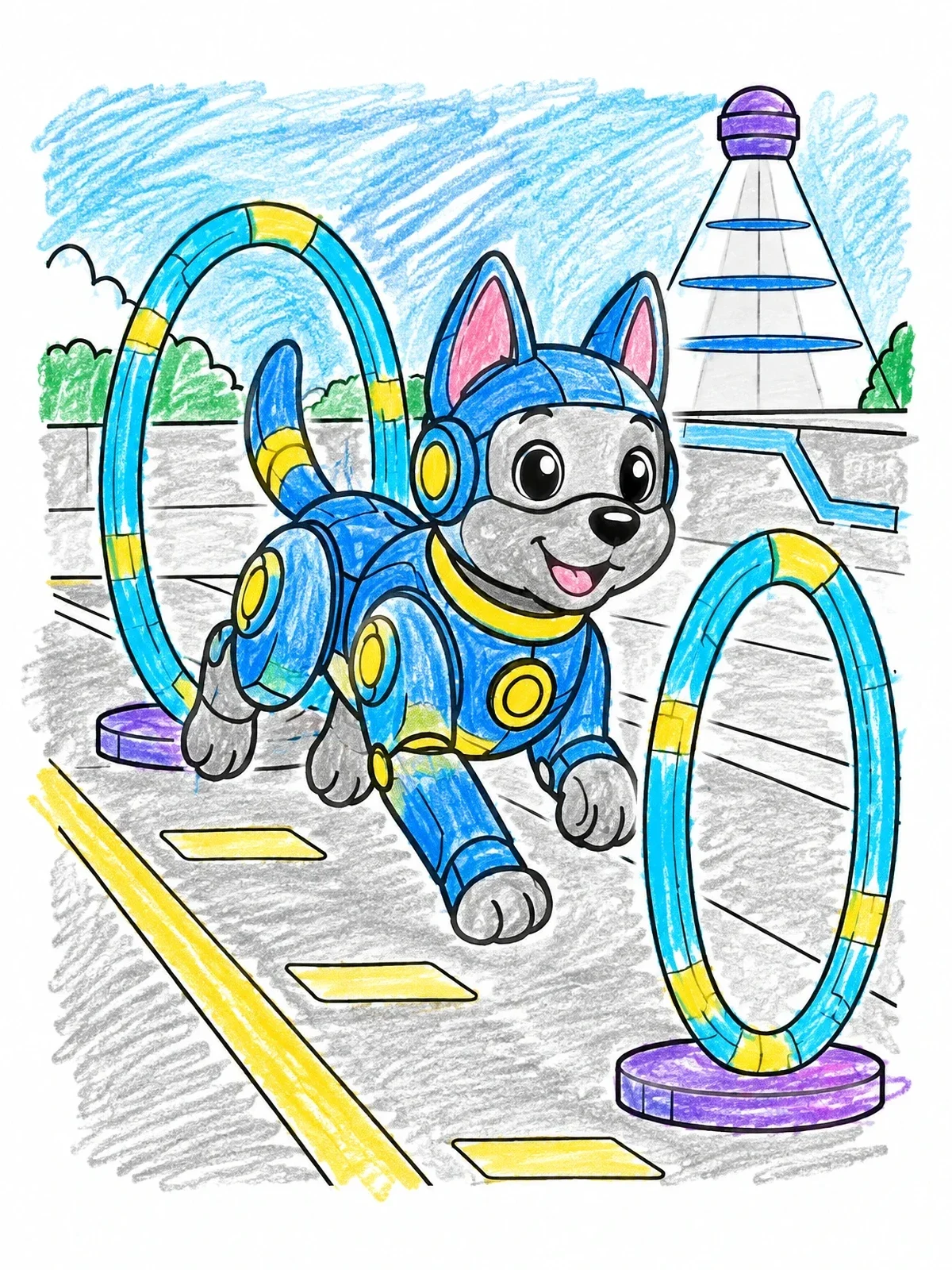 Colored example of the Playful Robot Dog Agility Course coloring page