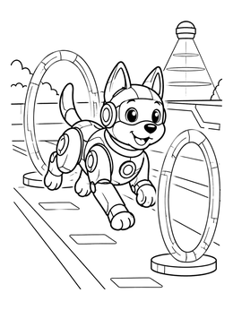 A cheerful mechanical pup runs through hoops on this robot coloring page.