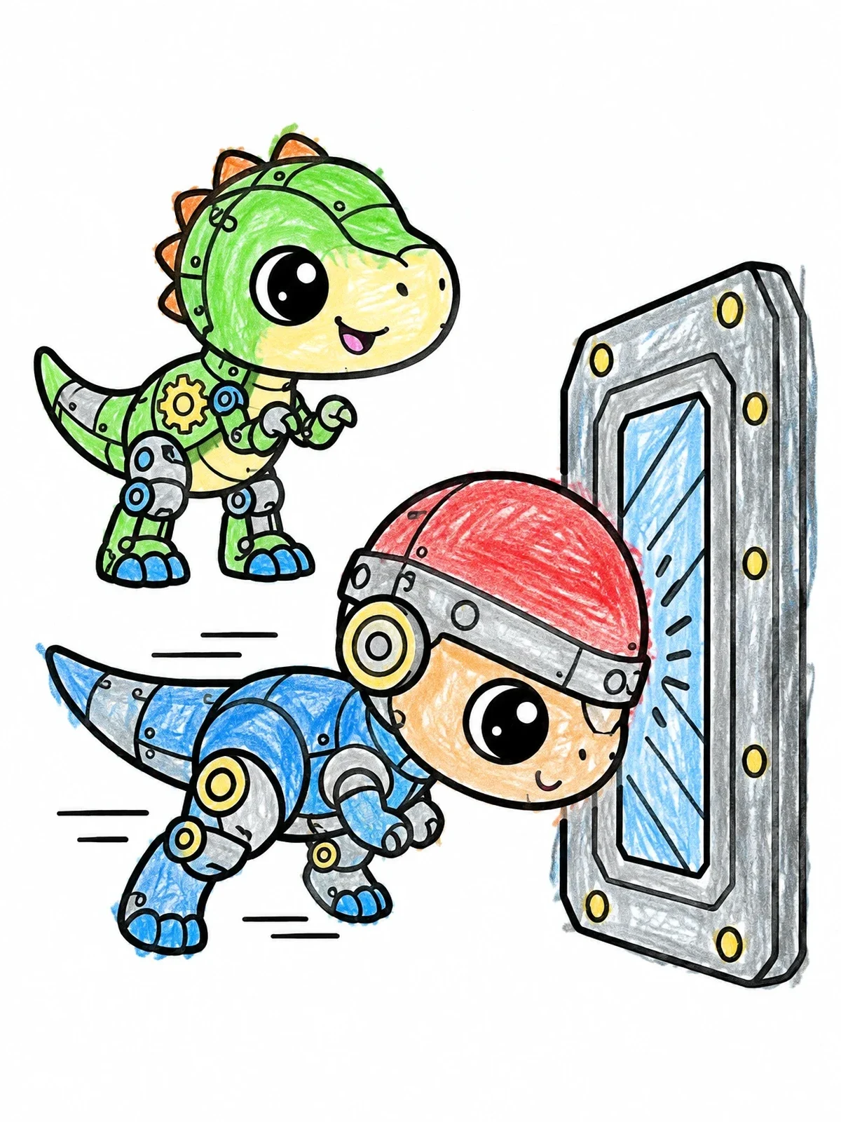 Colored example of the Playful Robotic Dinosaurs With Helmet coloring page