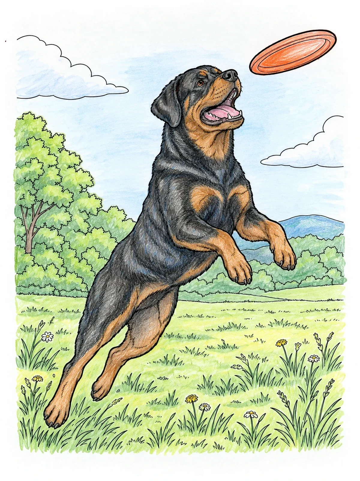 Colored example of the Playful Rottweiler Catching A Flying Disc coloring page