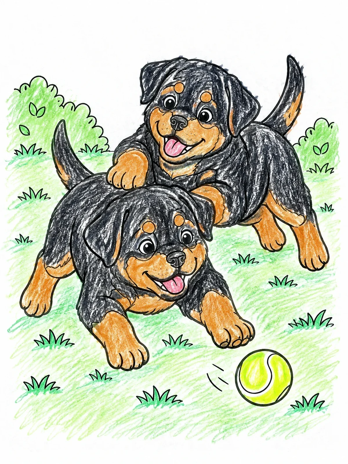 Colored example of the Playful Rottweiler Puppies With Ball coloring page