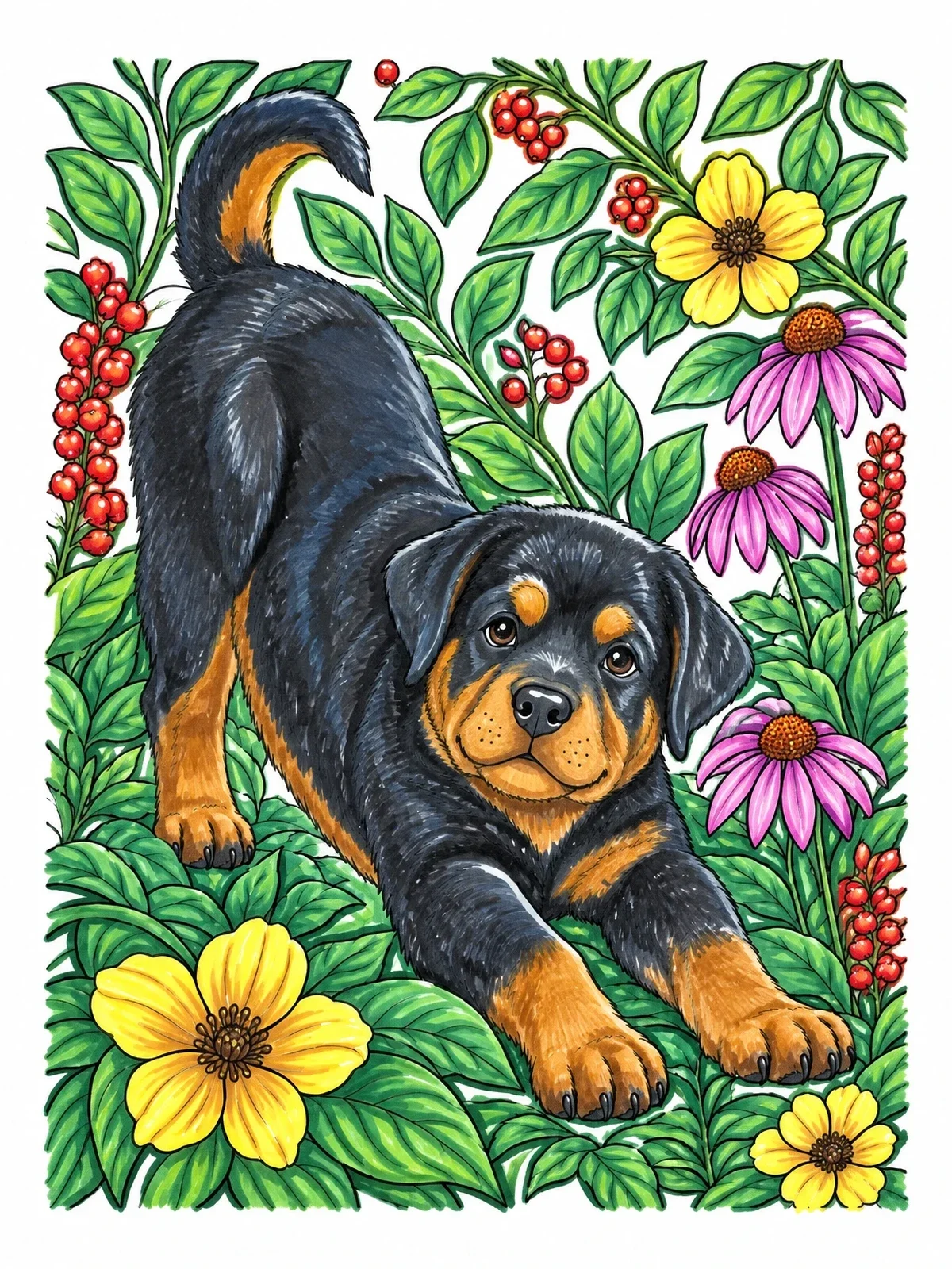 Colored example of the Playful Rottweiler Puppy In Garden coloring page