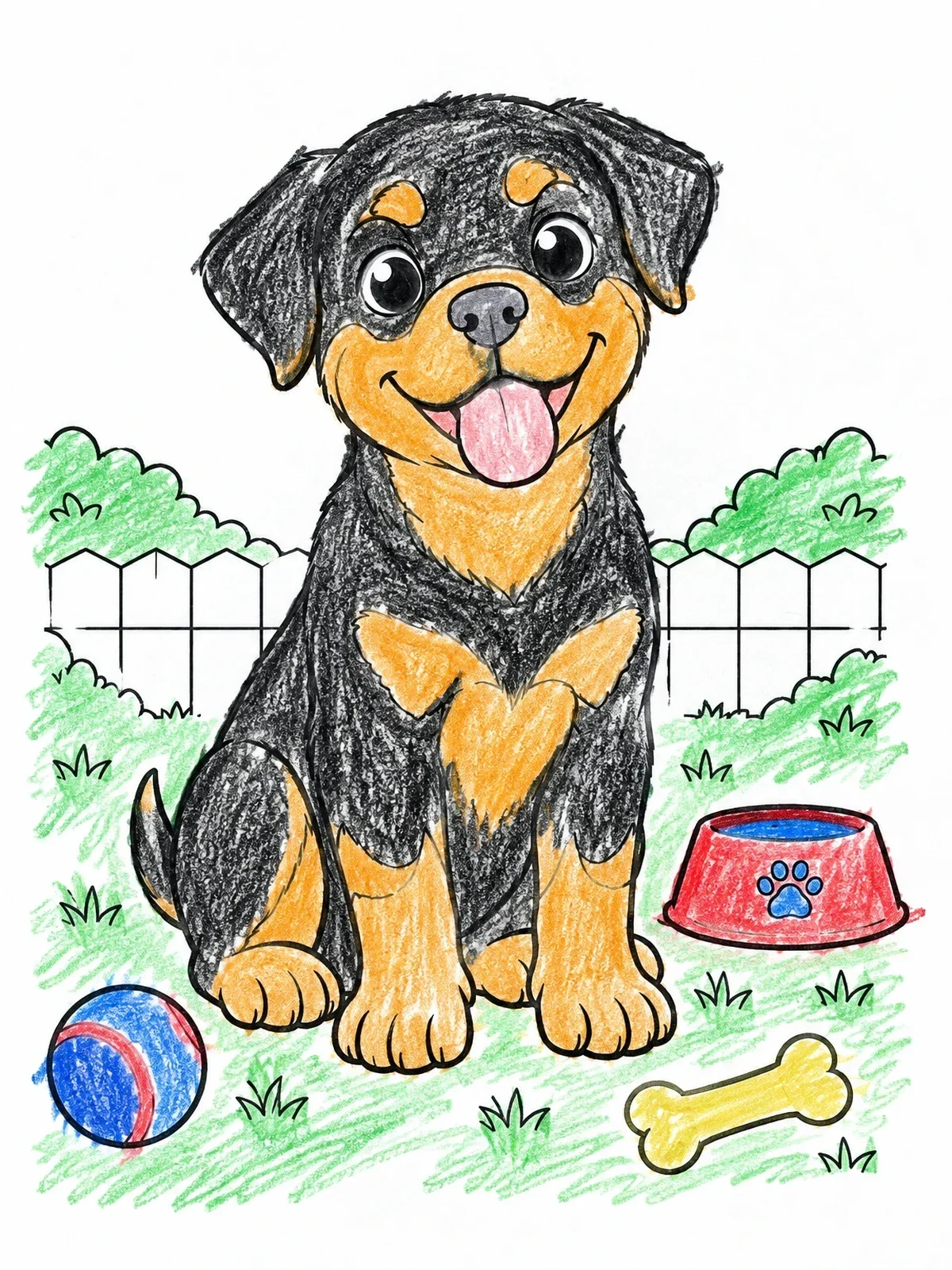 Colored example of the Playful Rottweiler Puppy In The Garden coloring page