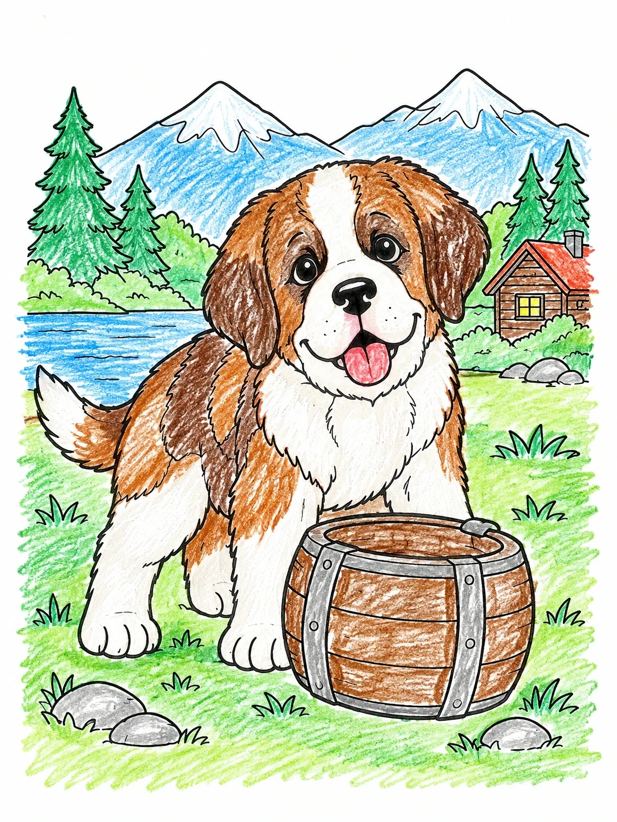 Colored example of the Playful Saint Bernard Puppy With Barrel coloring page