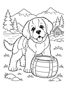 Free printable Playful Saint Bernard Puppy With Barrel coloring page