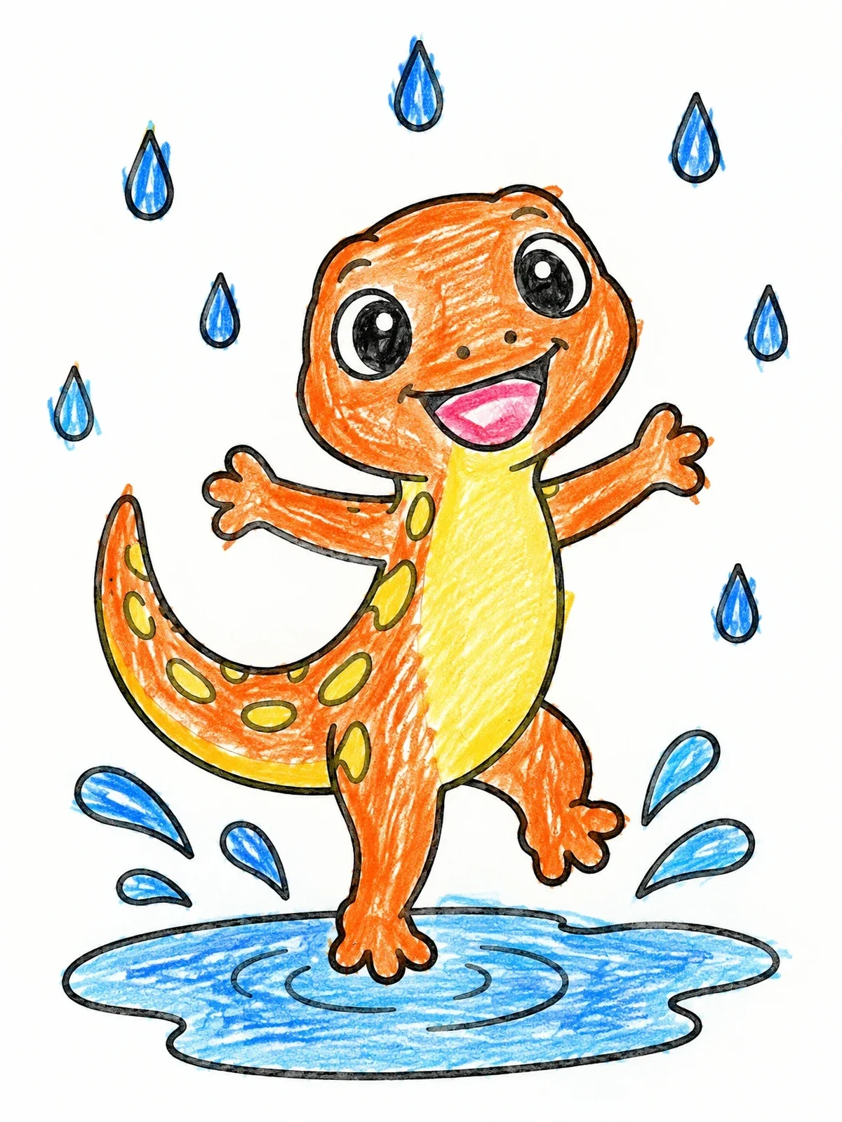 Colored example of the Playful Salamander Splashing In Puddle coloring page