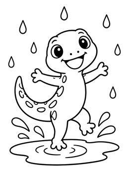 A cheerful cartoon salamander coloring page enjoying raindrops and a puddle.