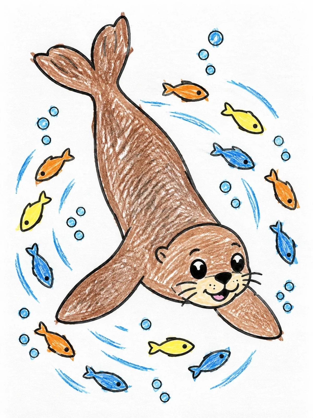 Colored example of the Playful Sea Lion Swimming With Fish coloring page