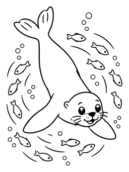 A cute sea lion coloring page featuring tiny fish and bubbles underwater.