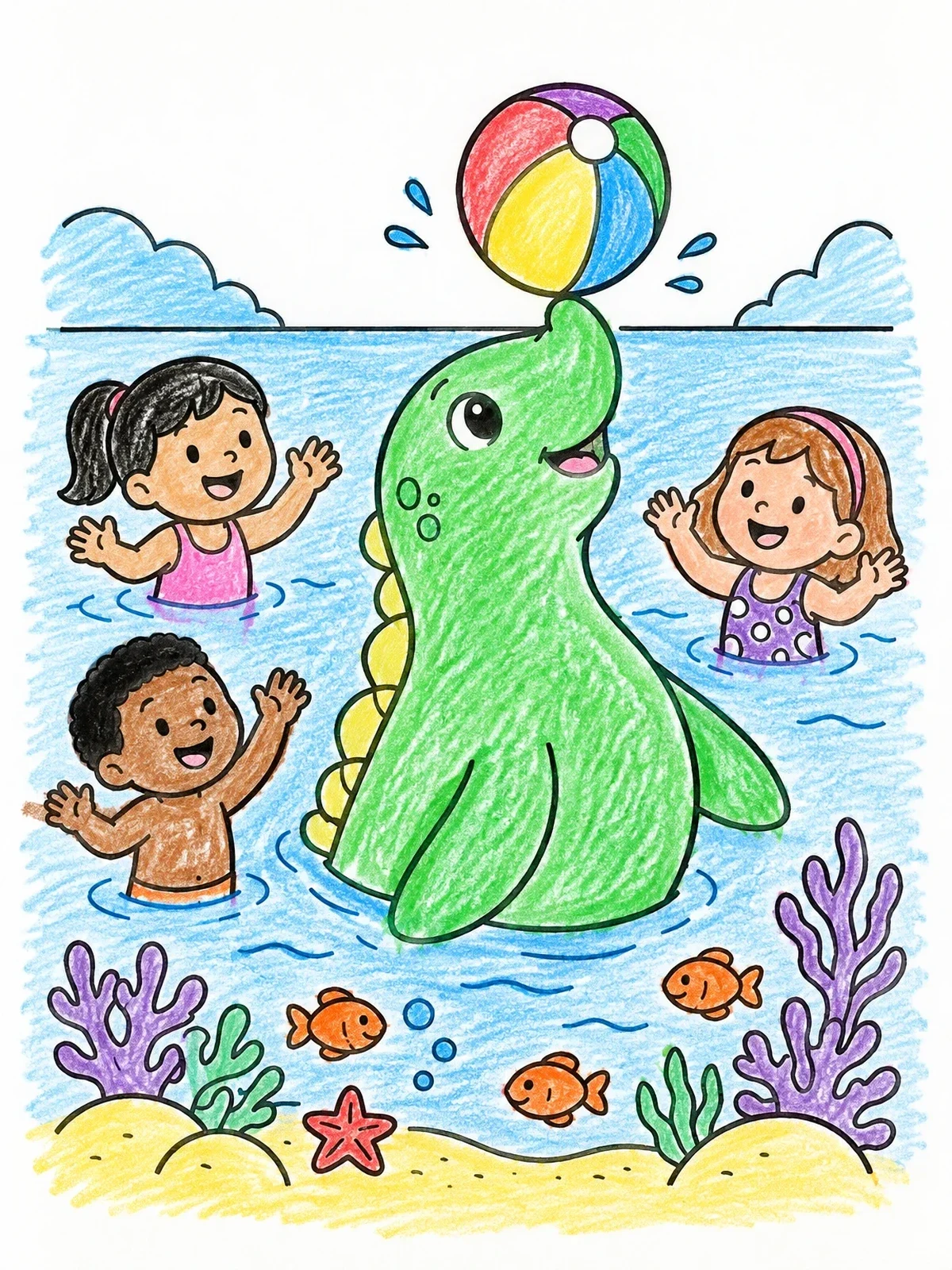 Colored example of the Playful Sea Monster With Beach Ball coloring page