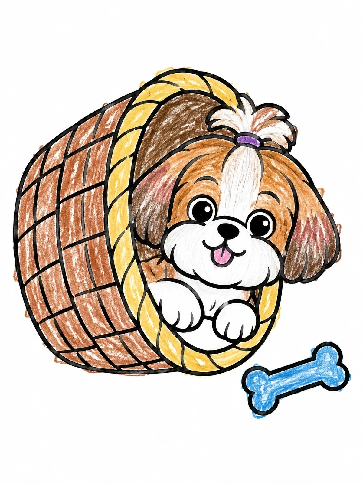 Colored example of the Playful Shih Tzu In A Basket coloring page
