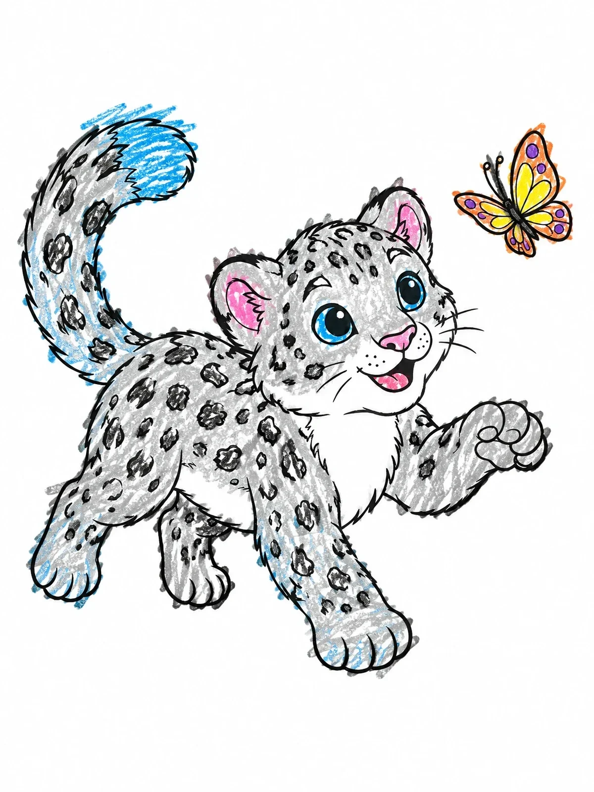 Colored example of the Playful Snow Leopard Cub And Butterfly coloring page
