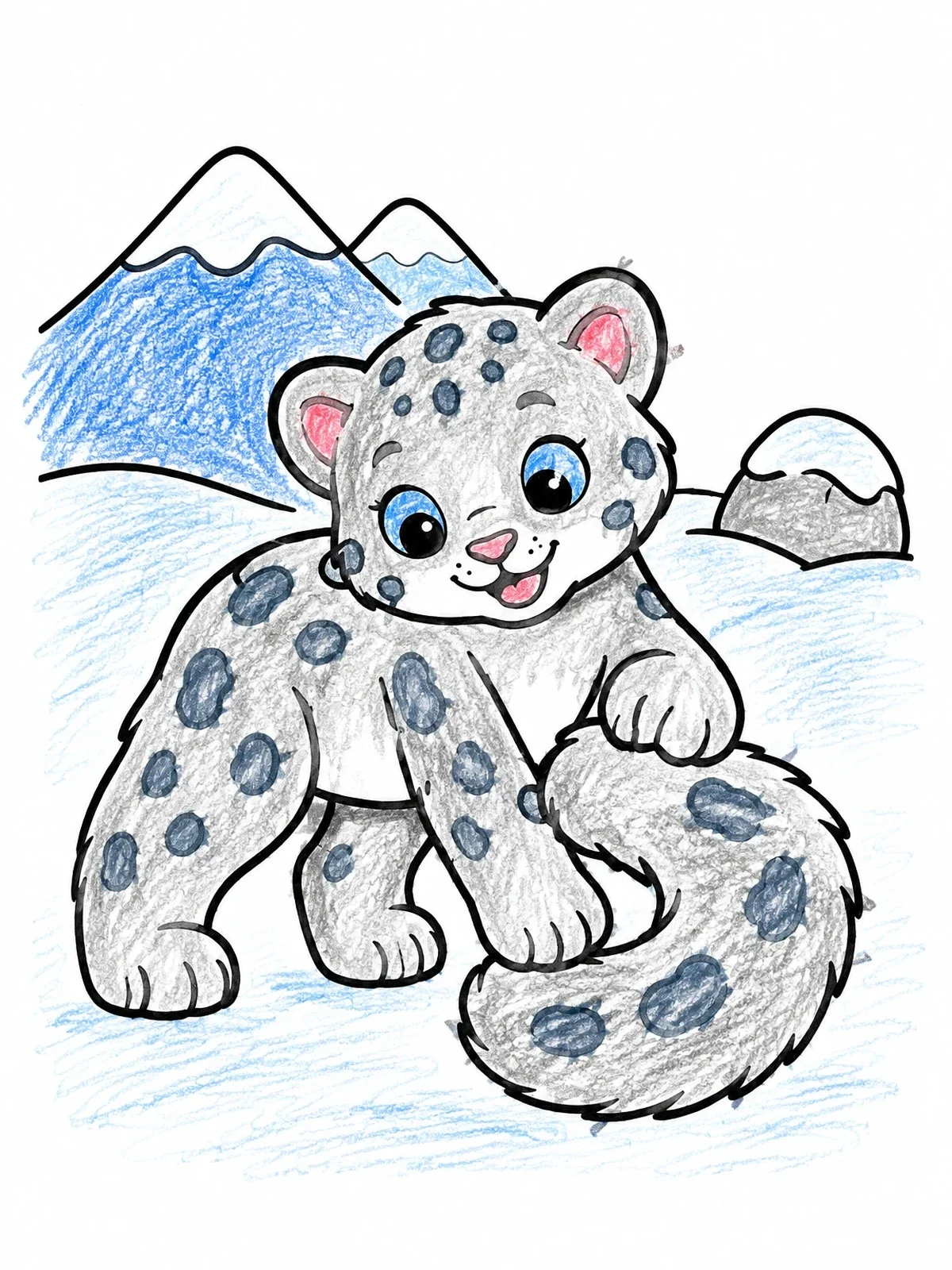 Colored example of the Playful Snow Leopard Cub coloring page