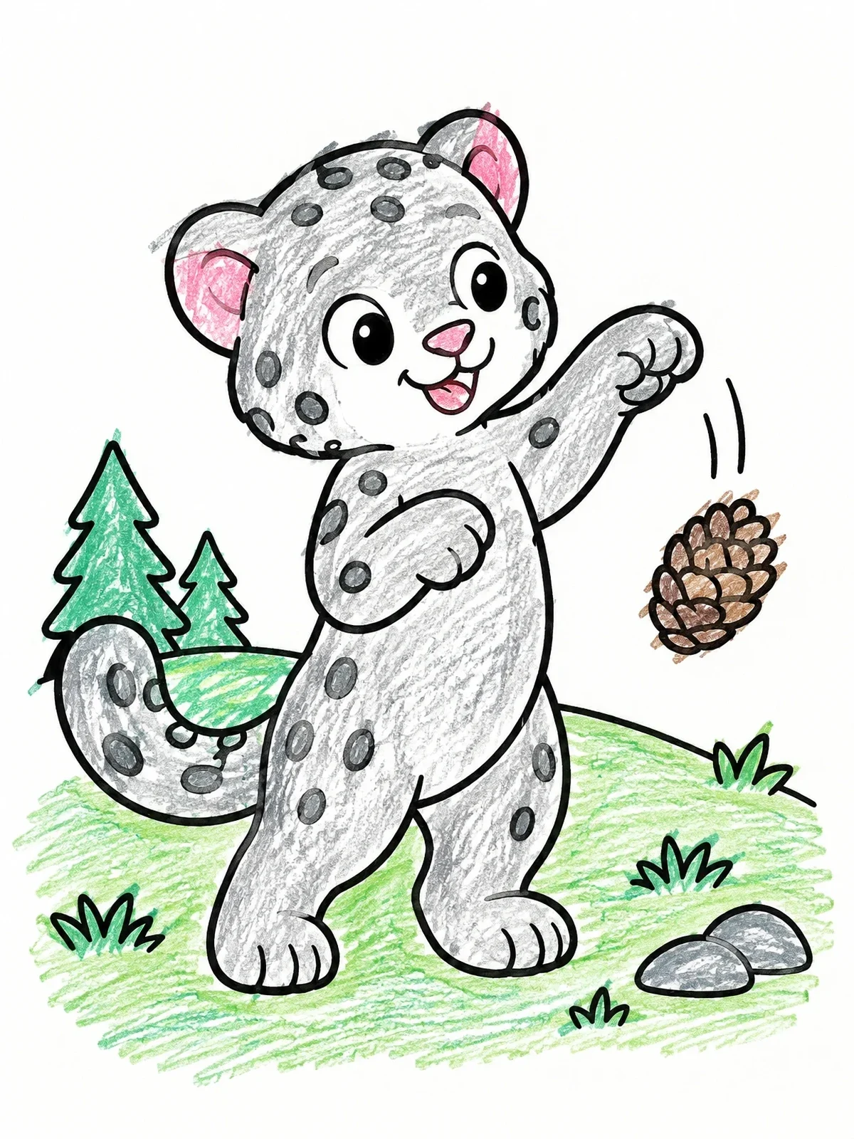 Colored example of the Playful Snow Leopard Cub With Pinecone coloring page