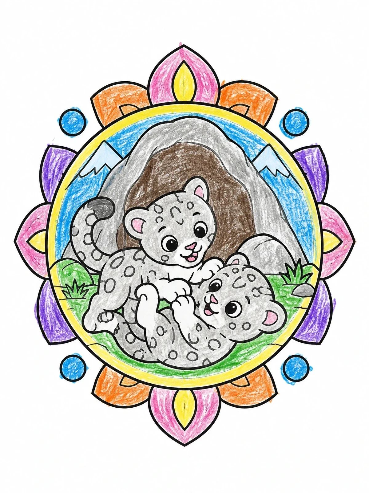 Colored example of the Playful Snow Leopard Cubs In Mandala Frame coloring page