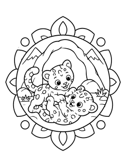 Free printable Playful Snow Leopard Cubs In Mandala Frame coloring page