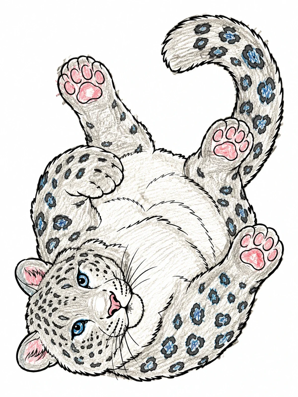 Colored example of the Playful Snow Leopard Rolling On Back coloring page