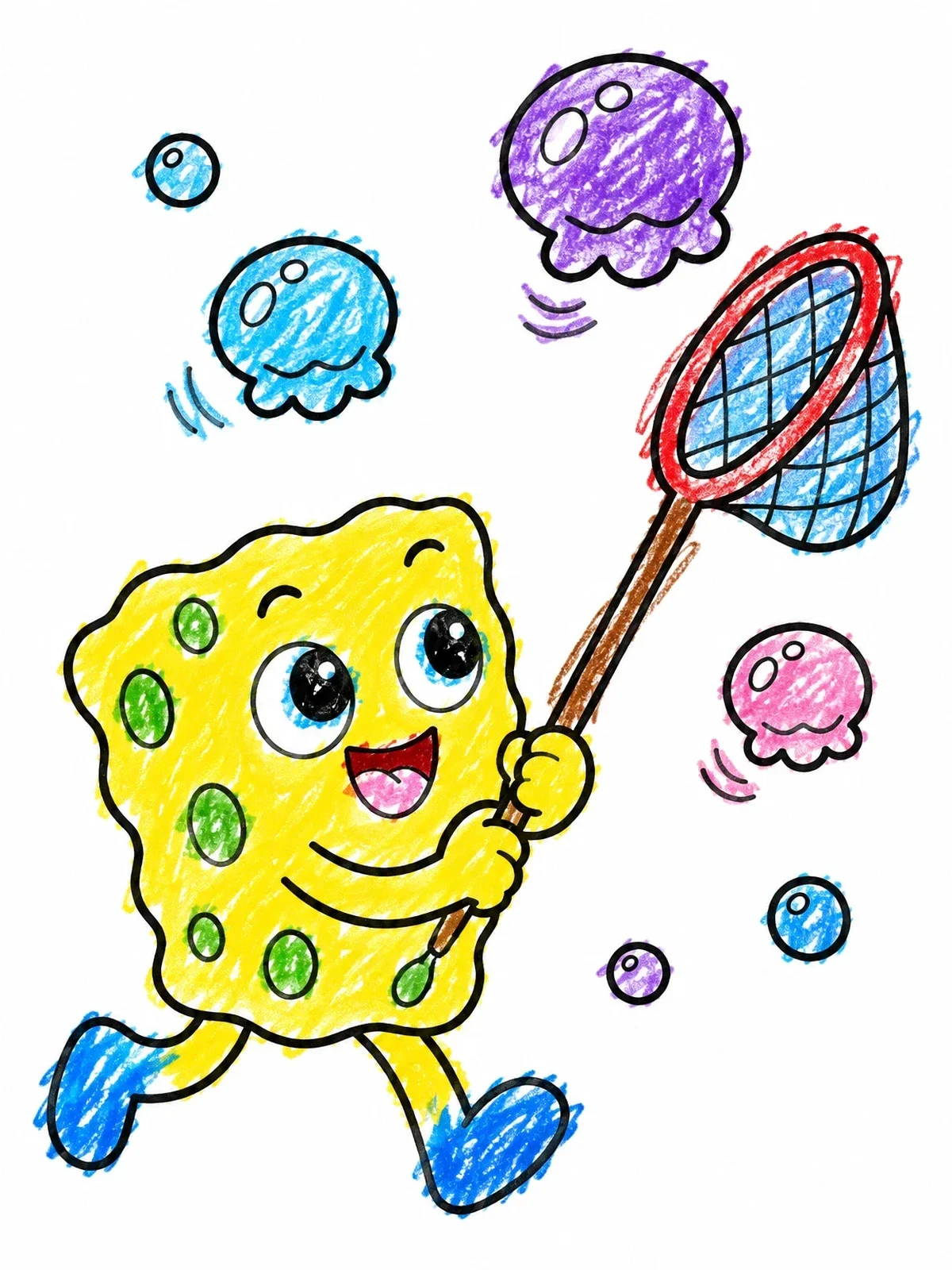 Colored example of the Playful Sponge Catching Jellyfish Bubbles coloring page