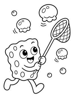A cheerful sponge coloring page with a cartoon sponge chasing bubbles with a net.