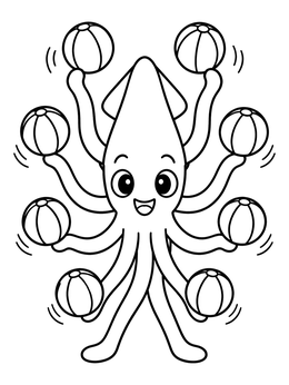A cheerful squid coloring page juggling striped beach balls with its arms.