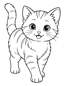 A cheerful striped kitten coloring page showing the cat walking forward.