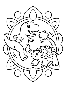 A cute t rex coloring page featuring a young dinosaur dodging an ankylosaurus tail club.