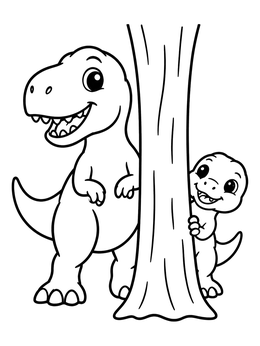 Free printable Playful T Rex Friends Behind A Tree coloring page