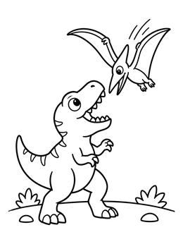 A playful t rex coloring page featuring a baby dinosaur looking up at a flying pterodactyl.
