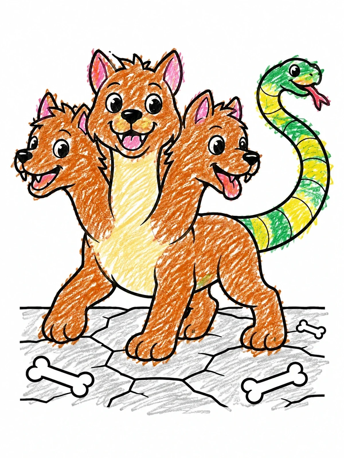Colored example of the Playful Three Headed Cerberus Pup coloring page