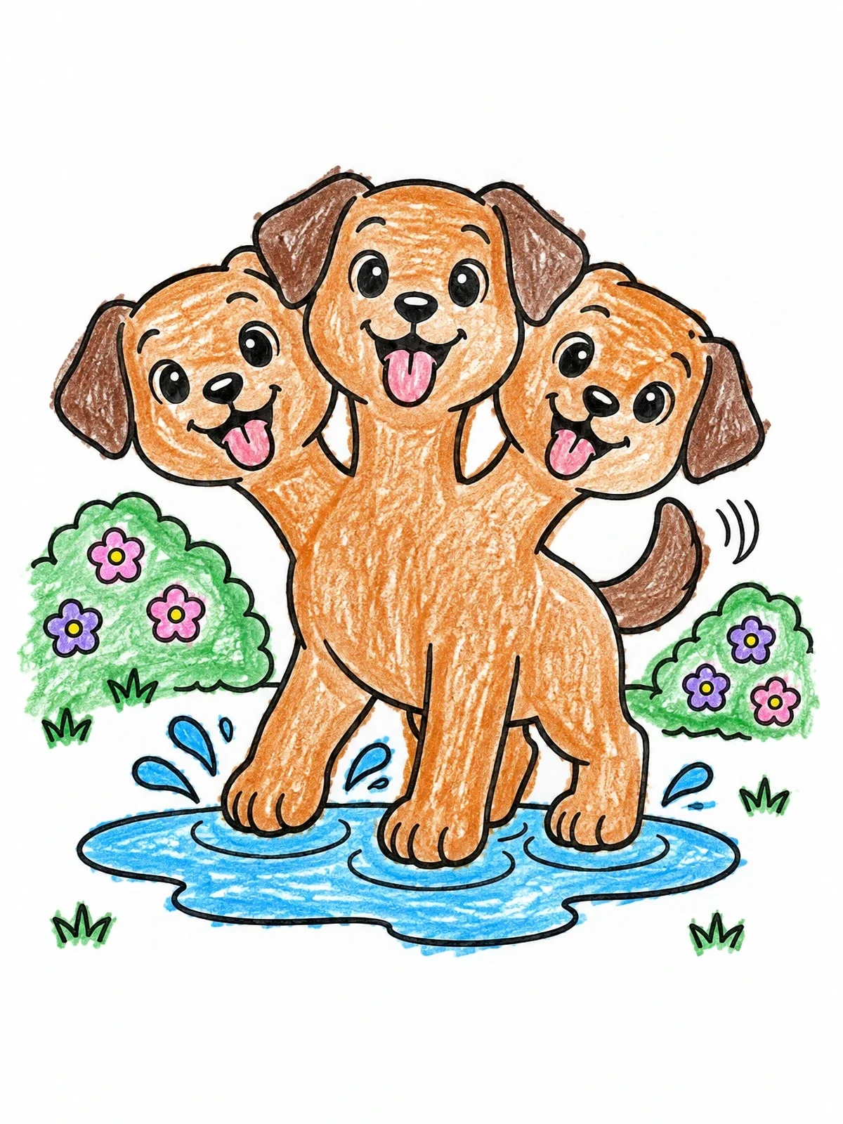 Colored example of the Playful Three Headed Puppy In Puddle coloring page